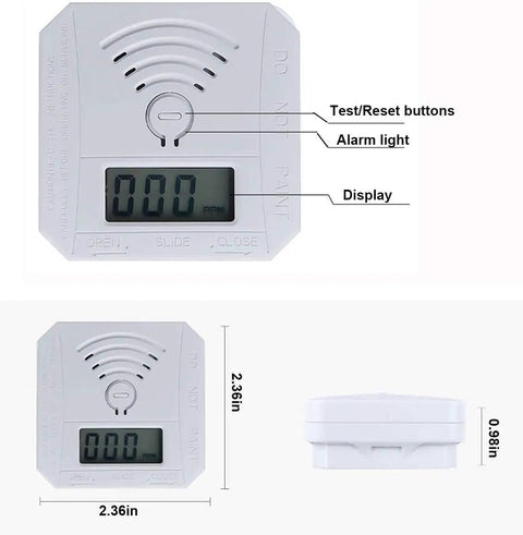 Two Pack Carbon Monoxide Detector Alarm Battery Operated With Digital LCD Display showing front and side view dimensions