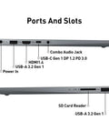 Slim Intel N150 Laptop With 15.6 Inch Fhd Display And 8Gb Ddr5 Ram side view showing ports and slots for connectivity.