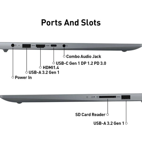 Slim Intel N150 Laptop With 15.6 Inch Fhd Display And 8Gb Ddr5 Ram side view showing ports and slots for connectivity.