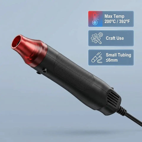 Side view of Mini Heat Gun 300W Portable Hot Air Tool for crafts and DIY projects, featuring temperature controls and ergonomic grip.