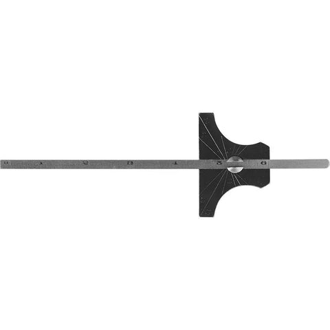 Straight Shot Woodworking Depth Gauge Featuring A Tank Tough Base And Six Inch Etched Steel Ruler Graduated In Sixty Fourth And Metric For Dead On Accuracy That Saves You Time On Every Project positioned for measurement.