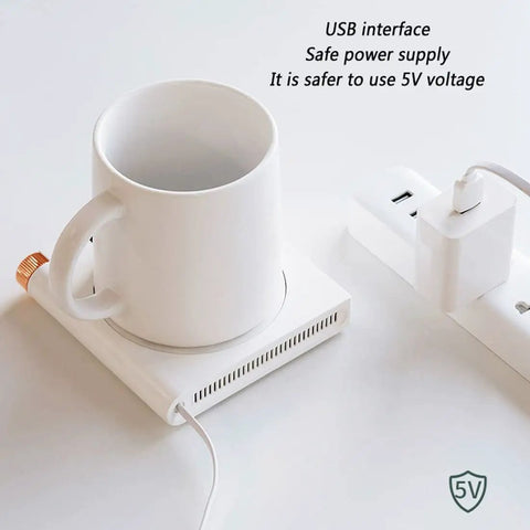 Ultra Smooth Electric Coffee Mug Warmer Usb Powered Cup Heater With Five Level Temp Control Auto Shut Off Compact Base with white mug and heater.