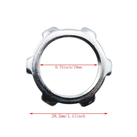 Close-up of silver heavy duty IMC lock nut with serrated hex teeth, 20 pack 1/2 inch metal electrical conduit lock nuts, rust resistant for wiring.