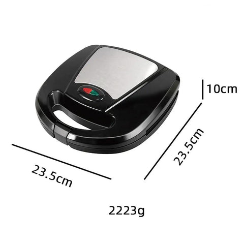 Hot 3 In 1 Electric Breakfast Maker With Non Stick Plates, compact black appliance with stainless steel lid, easy-to-use LED indicators.