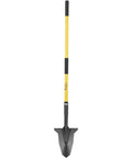 Long Reach Garden Spade Shovel With 58 Inch Fiberglass Handle And 9 By 11 Inch Beveled Blade Cushioned Grips Digging Spade For Deep Digs More Leverage And Less Back Strain Heavy Duty Gardening Tool. Full view of garden spade with yellow fiberglass handle and beveled metal blade.