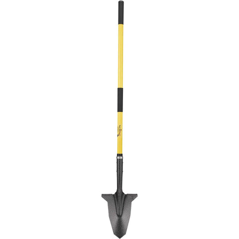 Long Reach Garden Spade Shovel With 58 Inch Fiberglass Handle And 9 By 11 Inch Beveled Blade Cushioned Grips Digging Spade For Deep Digs More Leverage And Less Back Strain Heavy Duty Gardening Tool. Full view of garden spade with yellow fiberglass handle and beveled metal blade.