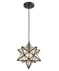 Seeded Glass Moravian Star Pendant Light With Black Industrial Finish, Handcrafted Seeded Glass Shade, Lift Up Side Star