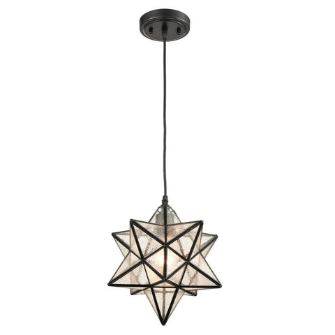 Seeded Glass Moravian Star Pendant Light With Black Industrial Finish, Handcrafted Seeded Glass Shade, Lift Up Side Star