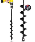 Two Sproot garden auger drill bits, black steel, 1.6 x 16.5 in, 3/8 in hex drive compatible.
