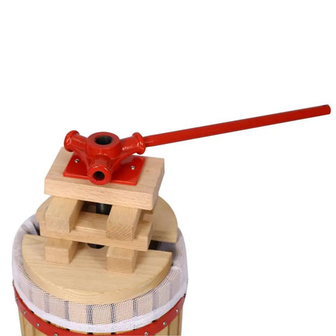 Heavy Duty Wooden Fruit Press With Oak Frame And Stainless Steel Parts, 18L Capacity Home Wine And Juice Maker For Apples Grapes And Berries, Easy Turn Hand Crank, Built To Last Kitchen Press, red hand crank on oak frame