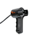 Mile Marker PE5000 winch remote control, black handheld unit with orange logo (side view)