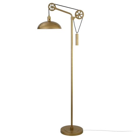 Dope Spoke Wheel Pulley Floor Lamp With Brass Metal Shade, Industrial Style Lighting, rotary socket, 8-foot cord, E26 base