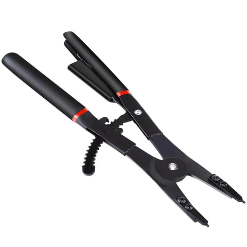 Beefy Heavy Duty 16 Inch Snap Ring Pliers Set For Internal And External Circlips Two Piece With Twelve Tips 0 Degree 15 Degree 45 Degree And 90 Degree Angles Easy Install And Removal Durable Automotive And Machinery Repair Tool tool displayed open.