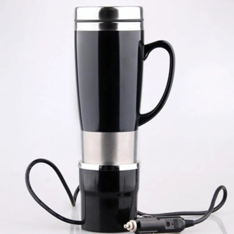 Top Shelf 50 Watt Stainless Steel Car Kettle And Portable Electric Water Heater features a black mug with a handle and power cord.