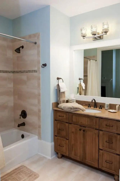 Three Light Vanity Fixture With Crystal Glass Shades Transitional Contemporary Bathroom Light Model 1931-3V-CH above bathroom mirror