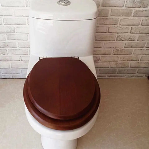 Universal Soft Close Toilet Seat Crafted From Real Solid Wood With Authentic Bark Veneer on white toilet against brick wall.