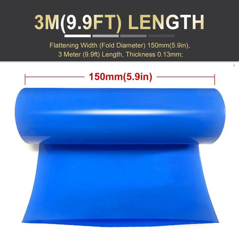 Heavy Duty Pvc Heat Shrink Wrap Tube, 5.9 Inch Flat Width In Bold Blue, 3 Meter Roll displayed with measurements.