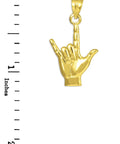 Dope 14K Yellow Gold I Love You ASL Hand Sign Pendant Necklace With Rolo Chain next to size ruler