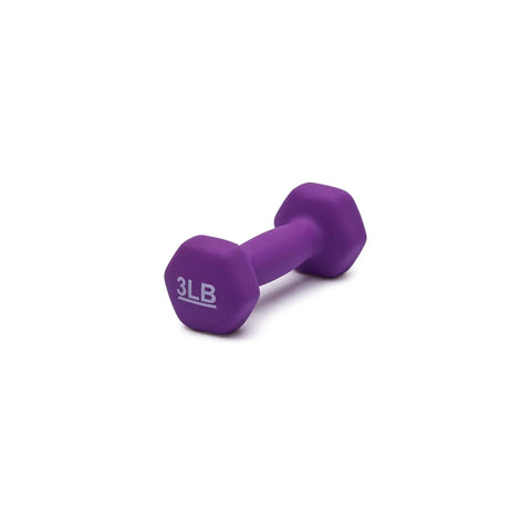Hella Grippy Neoprene Hexagon Dumbbells Pair Of 3 Pound Hand Weights In Purple for home gym strength training, single dumbbell shown.