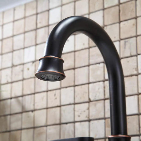 Close-up of Lead Free Two Handle Oil Rubbed Bronze Bathroom Sink Faucet With 360 Degree Swivel High Arc Spout