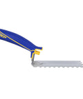 Comfort Grip Square-Notch Margin Tile Trowel With Six-Inch By Two-Inch Blade, durable steel blade, blue rubber grip, side view