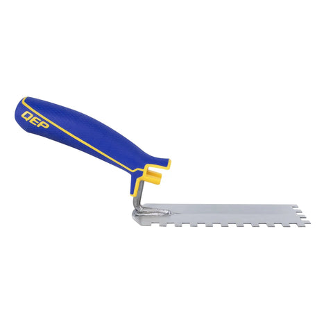 Comfort Grip Square-Notch Margin Tile Trowel With Six-Inch By Two-Inch Blade, durable steel blade, blue rubber grip, side view