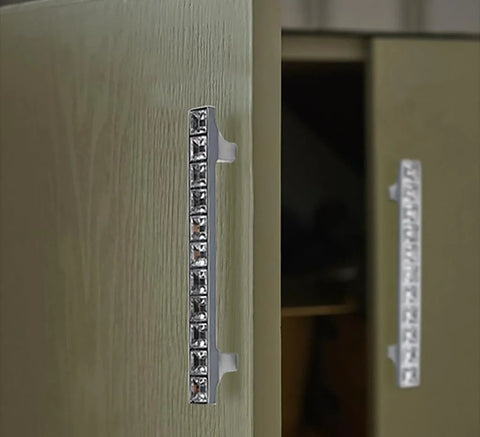 Crystal Glass Rhinestone Cabinet Pulls 4 Pack shiny dresser knobs on wooden cupboard door with 3.8 inch hole centers