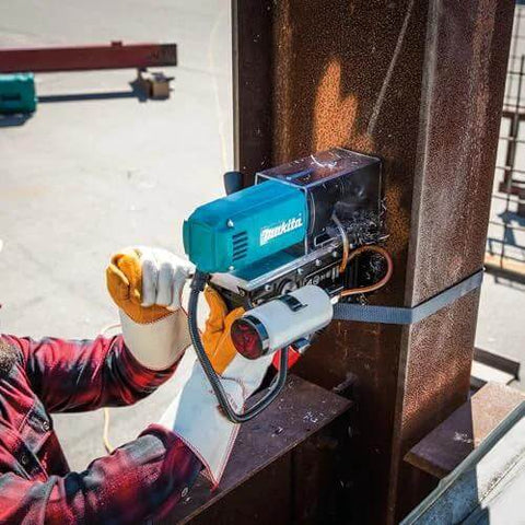 Makita HB350 1-3/8 in magnetic drill; blue tool mounted on steel beam (side view)