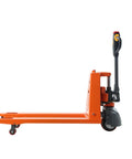 Tory Carrier Full Electric Pallet Jack 3300 Lb Capacity with 48x27 steel forks in orange, compact design for easy maneuver.