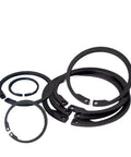 Heavy Duty Reverse External Retaining Rings 2 To 50 Pcs In Sizes From Eight To One Hundred Mm Made From Tough 65 Manganese Steel black circlips stacked and arranged.