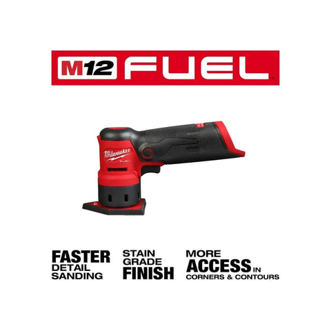 12 Volt Brushless Cordless Orbital Detail Sander Featuring Variable Speed Trigger And Integrated Led Light For No Sweat Sanding On Tight Edges Lightweight Powerhouse next to Milwaukee branding.