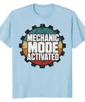 Cool Retro Mechanical Engineer T-Shirt For Real Gearheads And DIY Pros With Vintage Garage Typography Design on blue cotton fabric.