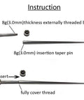 8G 3.0mm 316L Stainless Steel Calor Style Taper Insertion Pin for Stretching Kit Stretcher Body Piercing Tool No Thread Inside Hollow End Concave Taper Perfect for Gauge Expansion from 12g to 8g and 10g to 8g Pro Grade. instruction image with 8g 3.0mm taper insertion pin and threaded bar