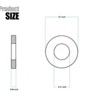 Front and side views of 25 stainless flat washers, 5/16 in hole, 11/16 in outer diameter, 0.06 in thick, 304 stainless