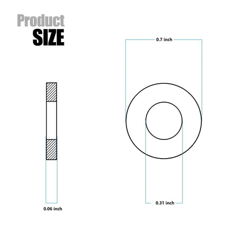 Front and side views of 25 stainless flat washers, 5/16 in hole, 11/16 in outer diameter, 0.06 in thick, 304 stainless