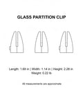 Durable Aluminum Alloy Glass Partition Mount Clip for Office Desk Dividers and Screens, black finish, dimensions and weight.