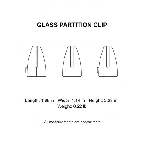 Durable Aluminum Alloy Glass Partition Mount Clip for Office Desk Dividers and Screens, black finish, dimensions and weight.