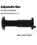 Ultra HD Door Peephole Viewer Built Tough In Solid Brass With Heavy Duty Rotating Privacy Cover For Doors From One And Three Eighths To Two And One Sixth Inches 200 Degree Wide Angle Lens Black showing adjustable size and back cover button.