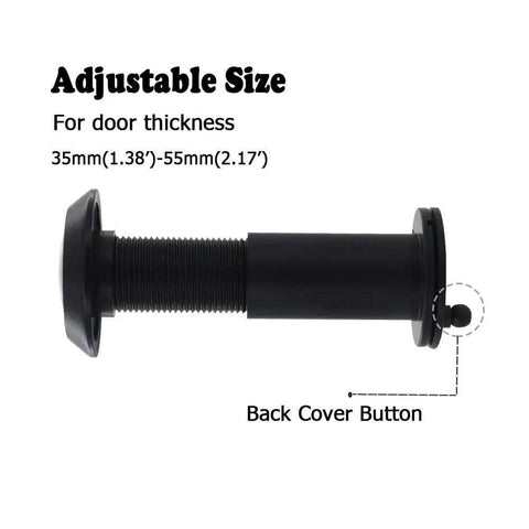 Ultra HD Door Peephole Viewer Built Tough In Solid Brass With Heavy Duty Rotating Privacy Cover For Doors From One And Three Eighths To Two And One Sixth Inches 200 Degree Wide Angle Lens Black showing adjustable size and back cover button.
