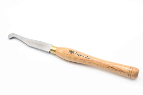Pro Grade Three Quarter Inch Hook Nose Scraper Woodturning Chisel with hardwood handle, M2 steel, ideal for smoothing bowls.