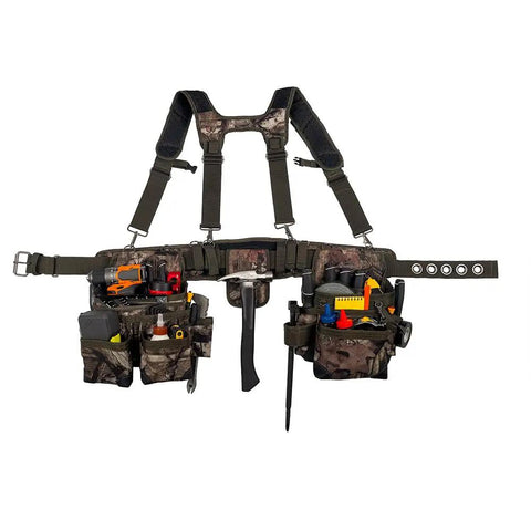 Camo Tool Belt With Suspenders From Original Series 85035 Heavy Duty Pro Grade Construction Belt With Barrel Bottom Pouches And Infinity Belt 52 Inch Adjustable Waist Mossy Oak Break Up Infinity Ripstop Rugged Gear For Pros And DIY