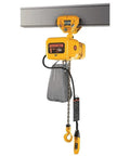 Heavy Duty Electric Chain Hoist With Trolley 20000 Lb Capacity 15 Ft Lift 3 Phase Motor mounted on overhead beam with load chain.