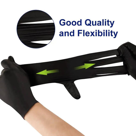 Heavy Duty Black Nitrile Gloves 100 Count Medium Disposable Latex And Powder Free Thick Ribbed Cuffs For Kitchen Cooking Cleaning And Industrial Tasks Built Tough And Ready For The Daily Grind, showcasing flexibility.