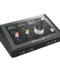 2x2 USB Audio Interface With Dual Mic Preamps, 32-Bit 192 kHz AD and DA on a dark angled view showing controls and knobs
