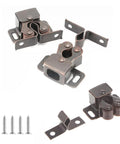 Six Pack Cabinet Latch With Double Roller Catch Hardware shown with screws and components, bronze finish, durable nylon and nickel-plated steel.