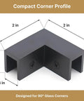 Solid Matte Black 90 Degree Shower Glass Corner Clamp For Frameless Panels Fits 3/8 To 1/2 Thick Glass Top Shelf showing dimensions and profile