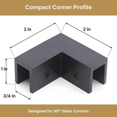 Solid Matte Black 90 Degree Shower Glass Corner Clamp For Frameless Panels Fits 3/8 To 1/2 Thick Glass Top Shelf showing dimensions and profile