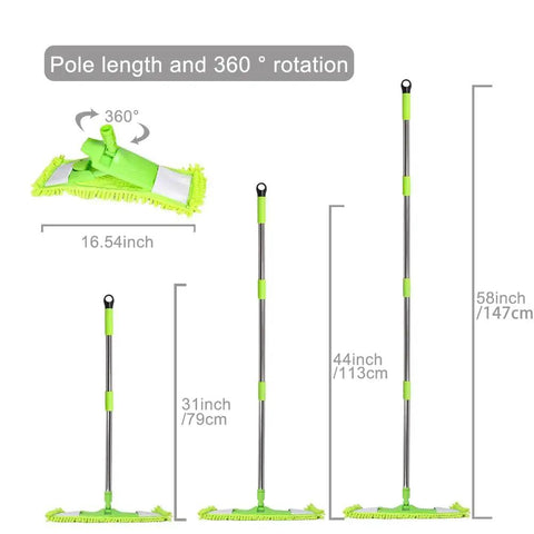 All Purpose Floor Dust Mop With 58 Inch Extendable Handle And Washable Chenille Pads, green mop with scouring pad display