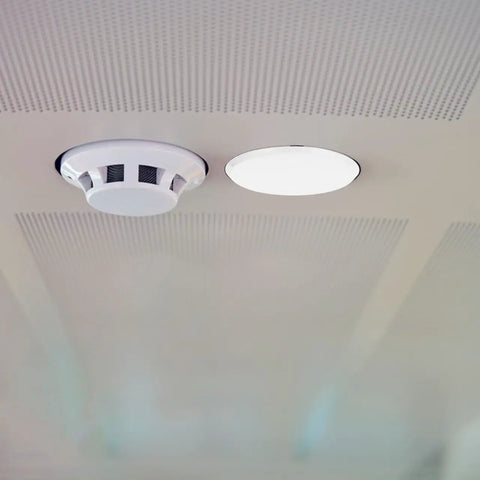 Concealed Premium Quality Fire Sprinkler Covers 2 Pack 3.34 Inch Round Ceiling Rings installed on ceiling showing concealed design.