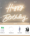 Two Pack Birthday Neon LED Sign Set With Dual Display Options 40x16 Inch Single Row Or 23x17 Inch Two Row Backdrop Light Up 12V Dimmable Switch Party Decor That Pops Photo Booth Ready showcasing 'Happy Birthday' text with dimmer switch and power adapter